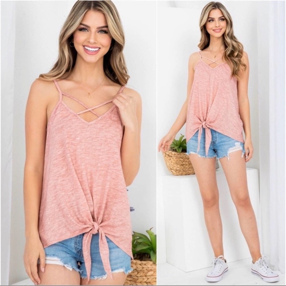 New Salmon Casual Sumner Cute Tank  Top Tie Hem Criss Cross Cute Top - Picture 2 of 4